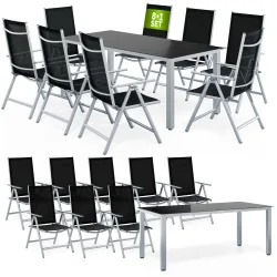 Gartensitzgruppe Bern 9-tlg 8 Personen Silber Alu Schwarz Glas