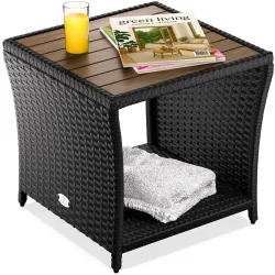 Polyrattan Beistelltisch Schwarz 40x45x45cm Akazienholz