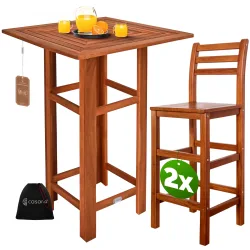 Stehtisch mit 2 Barhocker mit Rückenlehne Akazienholz