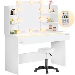 Schminktisch Lucia Weiß 140x110x40cm mit LED + Rollhocker
