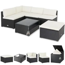 Polyrattan Ecklounge Schwarz/Creme mit Polyrattan Auflagenbox Schwarz