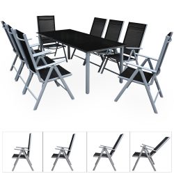 Gartensitzgruppe Bern 9-tlg 8 Personen Silber Alu Schwarz Glas