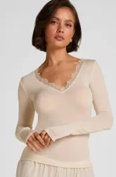 Hunkemöller Super Soft Spitzen-Shirt aus Kaschmir-Mix mit V-Ausschnit Weiß