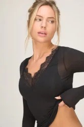 Hunkemöller Super Soft Spitzen-Shirt aus Kaschmir-Mix mit V-Ausschnit Schwarz