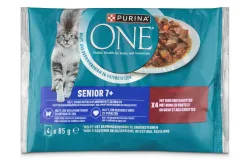 Purina ONE Senior 7+ zarte Stückchen in Sauce mit Rind und Karotten, Katzennassfutter, Beutel 4x85g