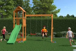 Fungoo Holzspielplatz FLA mit Kletterwand inkl. Rutsche und 2 Schaukeln, holz