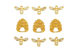 Holz-Streuteile Bienen+Bienenkorb, 3cm, m. Klebepunkt,sort., SB-Btl. 9Stück