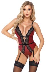 Body ouvert mit Strapsen, edler roter Mattlook mit schwarzer Spitze