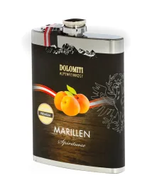 Dolomiti: Flachmann Marillen Schnaps / 35 % Vol. / 0,2 Liter-Flasche aus Edelstahl