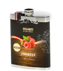 Dolomiti: Flachmann Himbeer Schnaps / 35 % Vol. / 0,2 Liter-Flasche aus Edelstahl