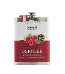 Dolomiti: Flachmann Bergler Himbeer Schnaps / 38 % Vol. / 0,2 Liter-Flasche aus Edelstahl