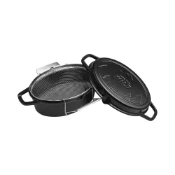 Burnhard Gusseisenbräter mit Frittierkorb – Grillschale/Grillpfanne/Grillgeschirr – schwarz