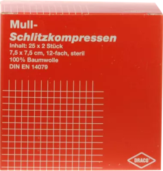 SCHLITZKOMPRESSEN Mull 7,5x7,5 cm steril 12fach 25X2 St Kompressen