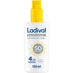 Ladival Trockene Haut Sonnenschutz-Spray LSF 50+: Sonnencreme bei Neigung zu Neurodermitis, Psoriasis & bei trockener Haut, beruhigend und pflegend mit Hyaluronsäure, mit 4-fach Zellschutz, wasserfest, 150ml
