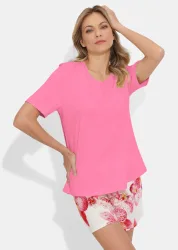Shorty-Set mit Blütendruck - pink / cremeweiss - Gr. 48 von Goldner Fashion