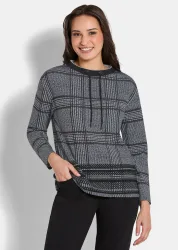 Sweatshirt mit Karomuster und Flockprint - schwarz / weiss / dunkelrot / kariert - Gr. 44 von Goldner Fashion