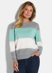 Pullover mit Blockstreifen - mint / beige / grau / méliert - Gr. 48 von Goldner Fashion