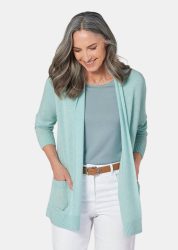 Strickjacke aus Merinowolle - graugrün / méliert - Gr. 22 von Goldner Fashion