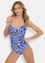 Badeanzug ohne Bügel - blau / weiss / gemustert - Gr. 42 C von Goldner Fashion