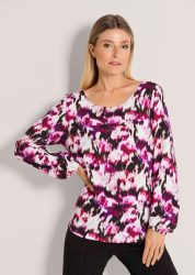 Viskose-Bluse mit Rundhalsausschnitt - beere / schwarz / gemustert - Gr. 44 von Goldner Fashion