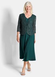 Kleid mit paillettenbesetzter Spitzenjacke - smaragd - Gr. 24 von Goldner Fashion