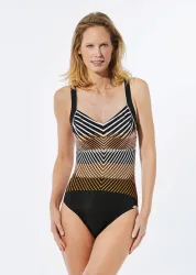 Badeanzug mit V-Ausschnitt und Softschalen - schwarz / cognac / weiss / gestreift - Gr. 42 C von Goldner Fashion