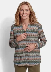 Viskose-Bluse mit grafischem Druck - khaki / marine / gemustert - Gr. 19 von Goldner Fashion