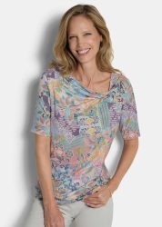 Jersey-Shirt mit Knotendetail - salbei / rosé / gemustert - Gr. 48 von Goldner Fashion
