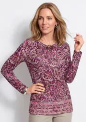 Langarmshirt aus Viskose-Jersey - aubergine / cremeweiss / gemustert - Gr. 38 von Goldner Fashion