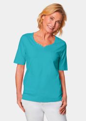 T-Shirt mit charmantem Ausschnitt und Schmucksteinchen - türkis - Gr. 24 von Goldner Fashion