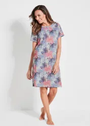Baumwoll-Nachthemd mit Halbarm - hellblau / koralle / gemustert - Gr. 18/19 von Goldner Fashion