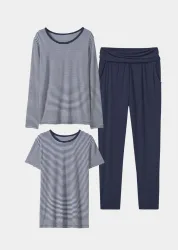 3tlg. Jersey-Loungewear-Set - marine / weiss / geringelt - Gr. 40 von Goldner Fashion