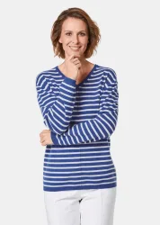 Kaschmirpullover mit V-Ausschnitt - marine / weiss / geringelt - Gr. 21 von Goldner Fashion