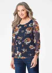 Mesh-Shirt im floralem Druck - marine / gemustert - Gr. 20 von Goldner Fashion