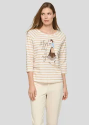 Ringelshirt aus Baumwolle mit Motivdruck - beige / cremeweiss - Gr. 38 von Goldner Fashion