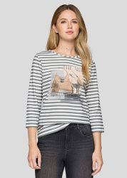 Ringelshirt mit glitzerndem Frontprint - cremeweiss / grau - Gr. 44 von Goldner Fashion