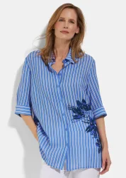 Längere Hemdbluse mit maritimen Streifen - blau / beige / gestreift - Gr. 40 von Goldner Fashion