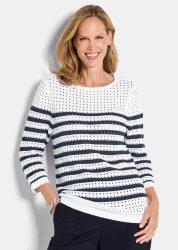 Maritimer Ringelpullover mit Ajourmuster - weiss / marine / geringelt - Gr. 21 von Goldner Fashion