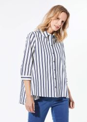 Schlichte Baumwoll-Bluse mit 3/4-Arm - weiss / marine / gestreift - Gr. 19 von Goldner Fashion