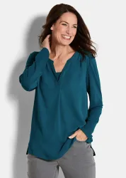 Blusenshirt mit Chiffon-Einsatz - petrol - Gr. 46 von Goldner Fashion