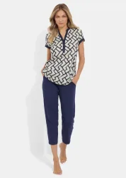 Pyjama mit 7/8-Hose - beige / marine / gemustert - Gr. 40 von Goldner Fashion