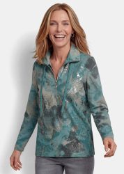 Sweatshirt mit Aquarell-Druck und Glanzeffekt - graugrün / gemustert - Gr. 52 von Goldner Fashion