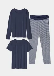 3tlg. Jersey-Loungewear-Set - marine / geringelt - Gr. 40 von Goldner Fashion