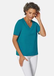 T-Shirt mit charmantem Ausschnitt und Schmucksteinchen - petrol - Gr. 19 von Goldner Fashion