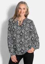 Viskose-Bluse mit Rüschen - schwarz / gemustert - Gr. 20 von Goldner Fashion