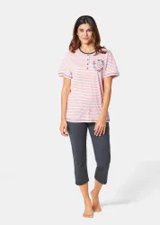 Baumwoll-Pyjama mit Halbarm - koralle / weiss / marine / geringelt - Gr. 18/19 von Goldner Fashion