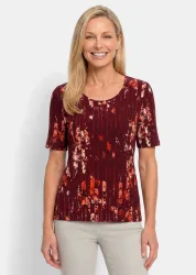 Viskoseshirt mit Blüten und Längsstreifen - dunkelrot / gemustert - Gr. 52 von Goldner Fashion