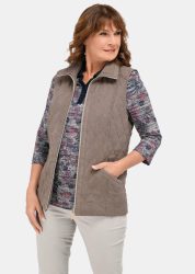 Zeitlose Veloursleder- Steppweste mit Kragen - taupe - Gr. 21 von Goldner Fashion