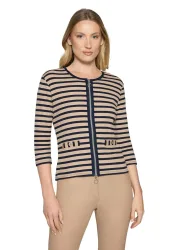 Shirtjacke aus Baumwoll-Feinripp - beige / dunkelblau / geringelt - Gr. 44 von Goldner Fashion