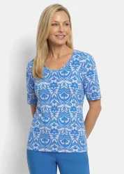 Viskoseshirt mit femininem Ornamentmuster - blau / weiss / gemustert - Gr. 20 von Goldner Fashion
